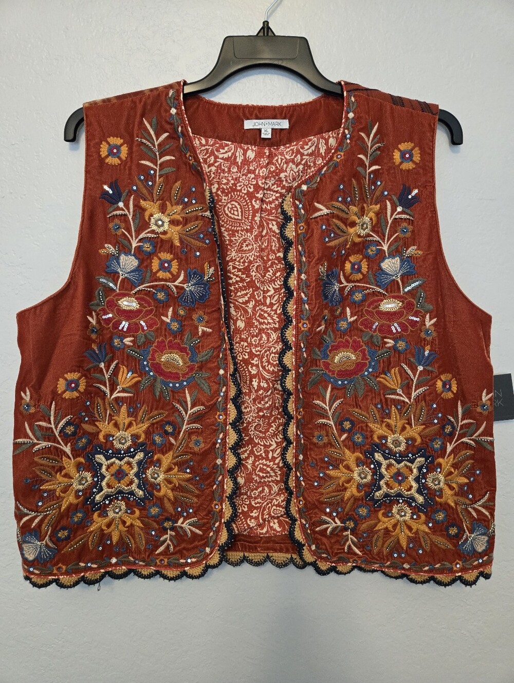 John Mark Embroidered Velvet Beaded Floral And Patchwork Plaid Open Front Vest - Picture 3 of 6